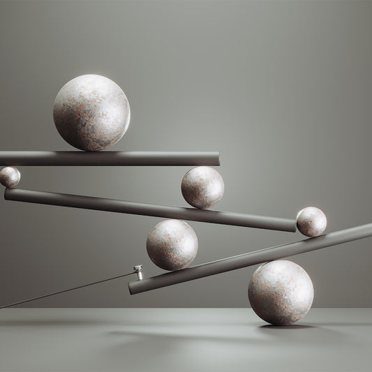 Abstract 3D composition showing several metallic spheres balanced on staggered, slanted beams, suggesting tension, equilibrium, and instability against a neutral grey background