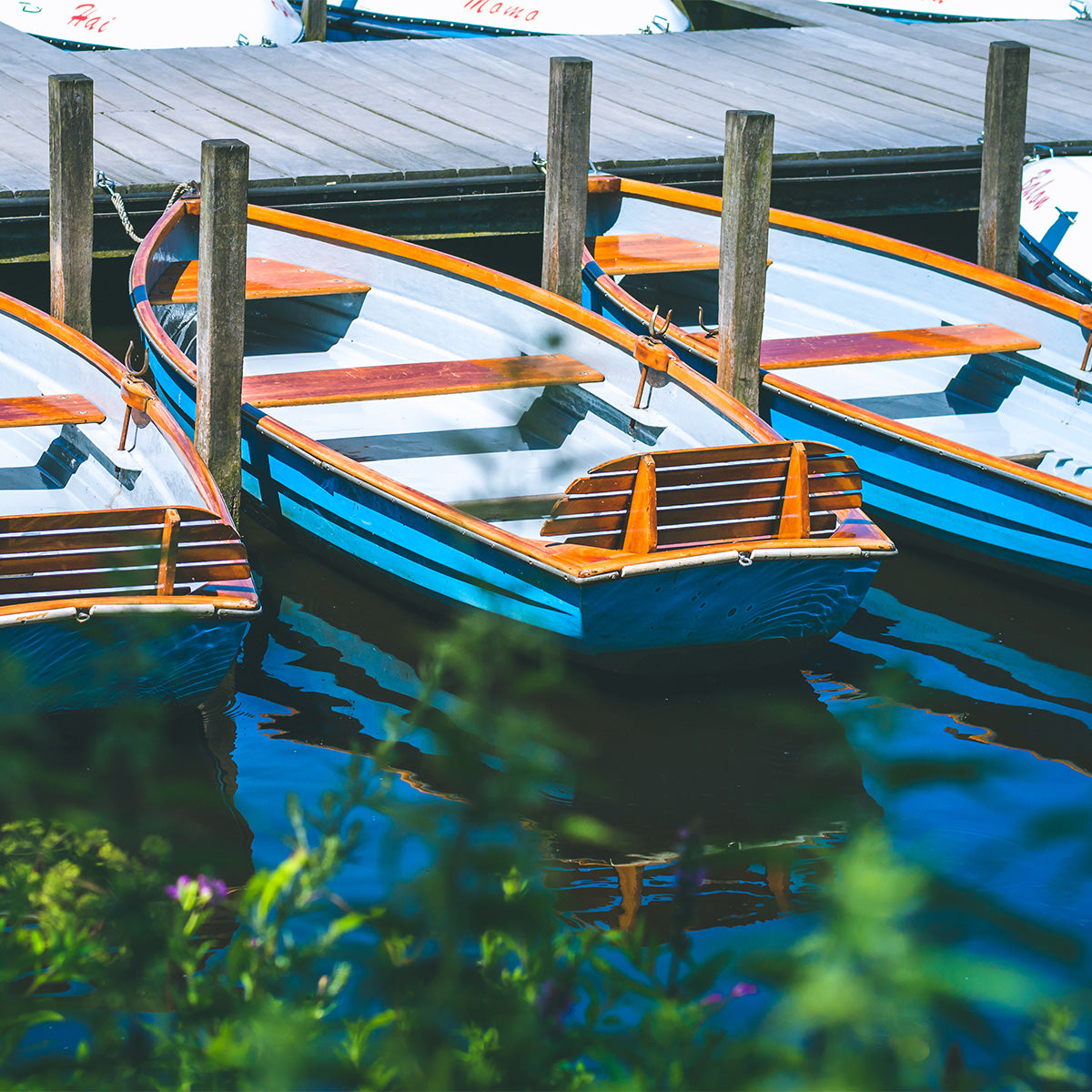 Small wooden rowboats with blue hulls tied to a dock, floating on calm water with reflections and greenery in the foreground.